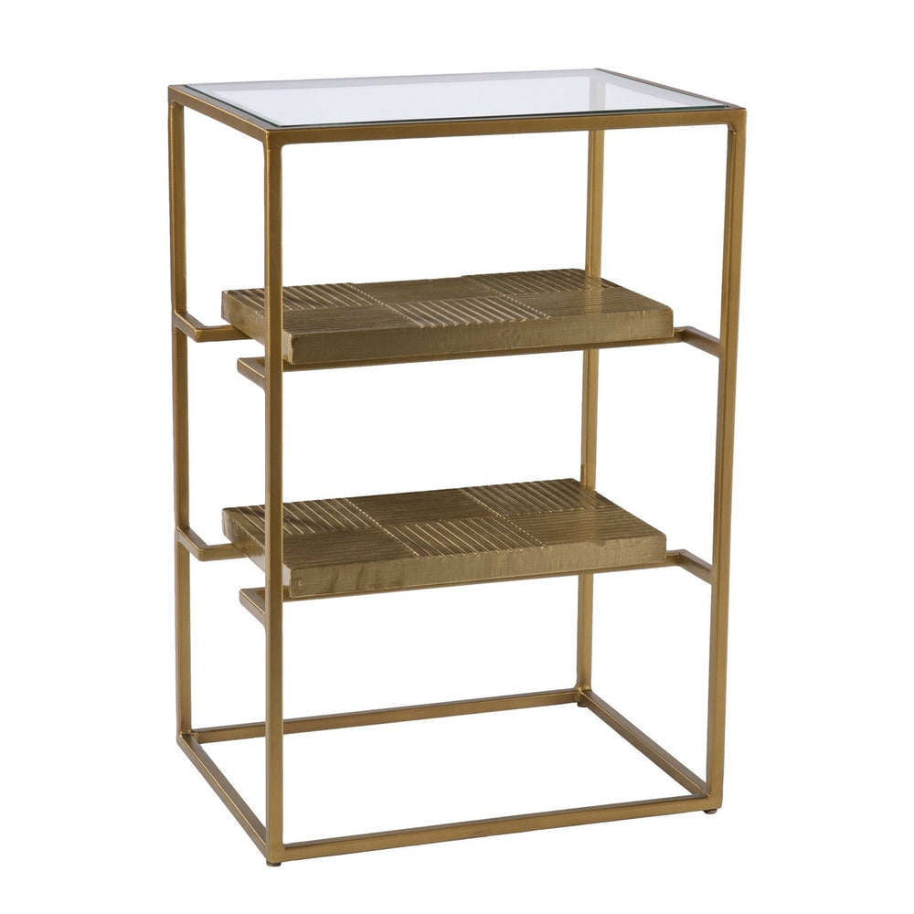 24" Brass Glass And Iron Rectangular End Table With Two Shelves Image 2