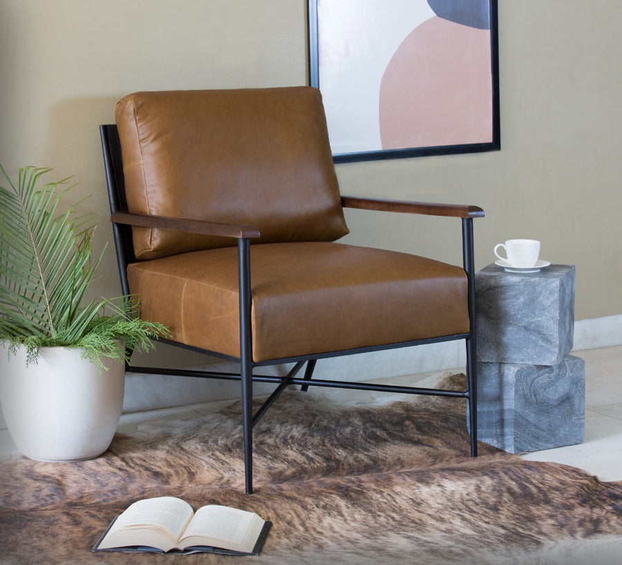 24" Brown Top Grain Leather And Black Solid Color Arm Chair Image 1