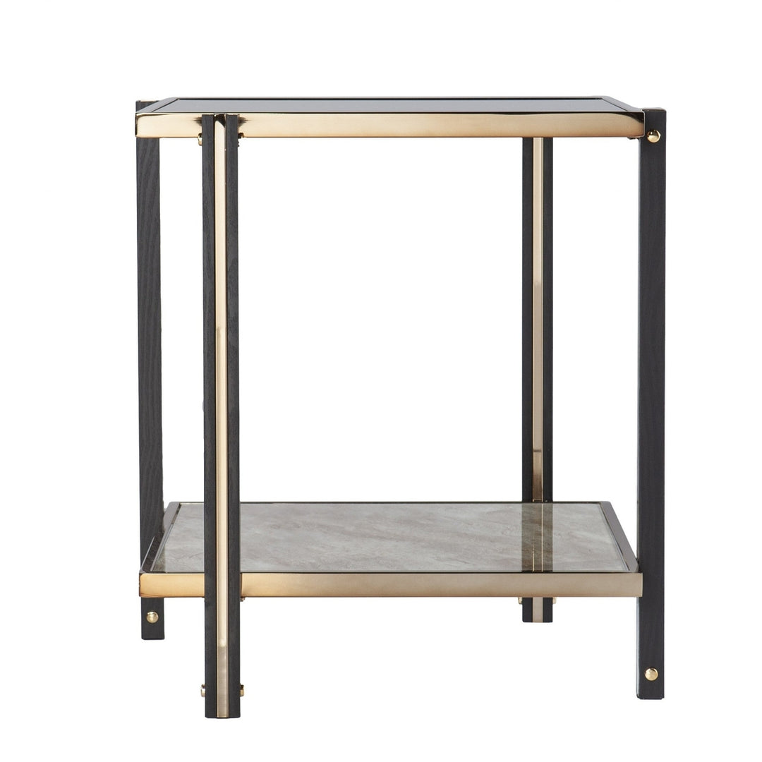 24" Champagne Glass And Iron Square Mirrored End Table With Shelf Image 2