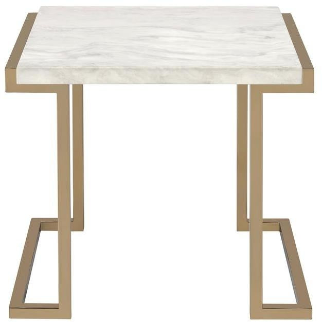 24" Stainless And White Faux Marble End Table Image 2