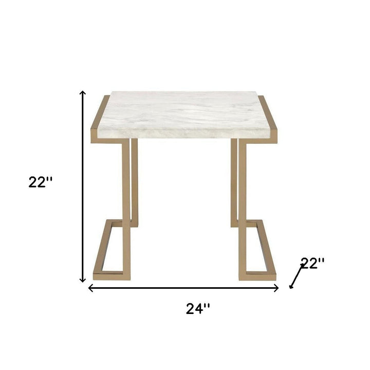 24" Stainless And White Faux Marble End Table Image 6