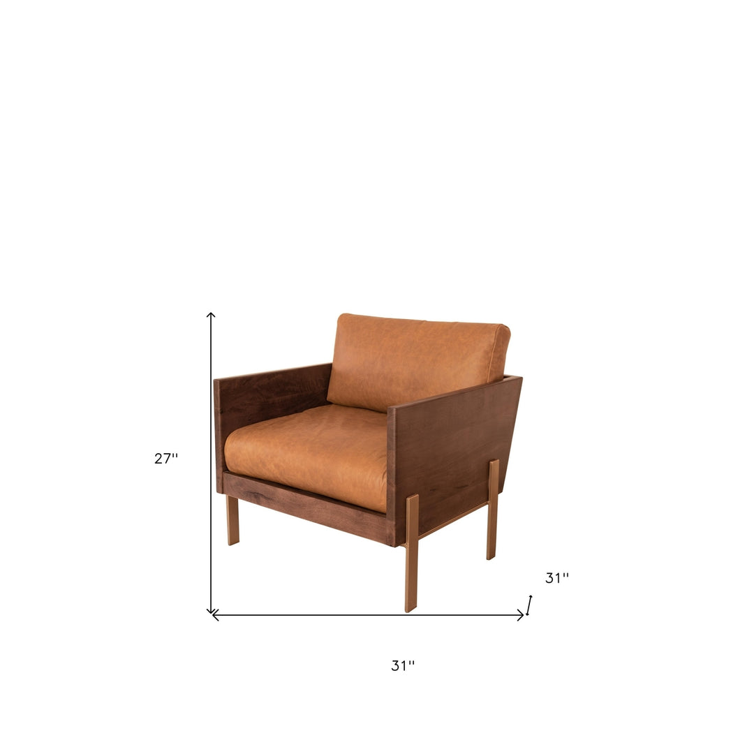 31" Carmel Brown Top Grain Leather And Gold Arm Chair Image 6