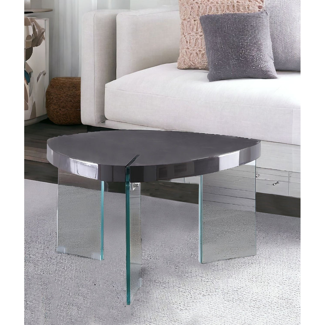 31" Clear Glass And Gray High Gloss Triangle Coffee Table Image 6