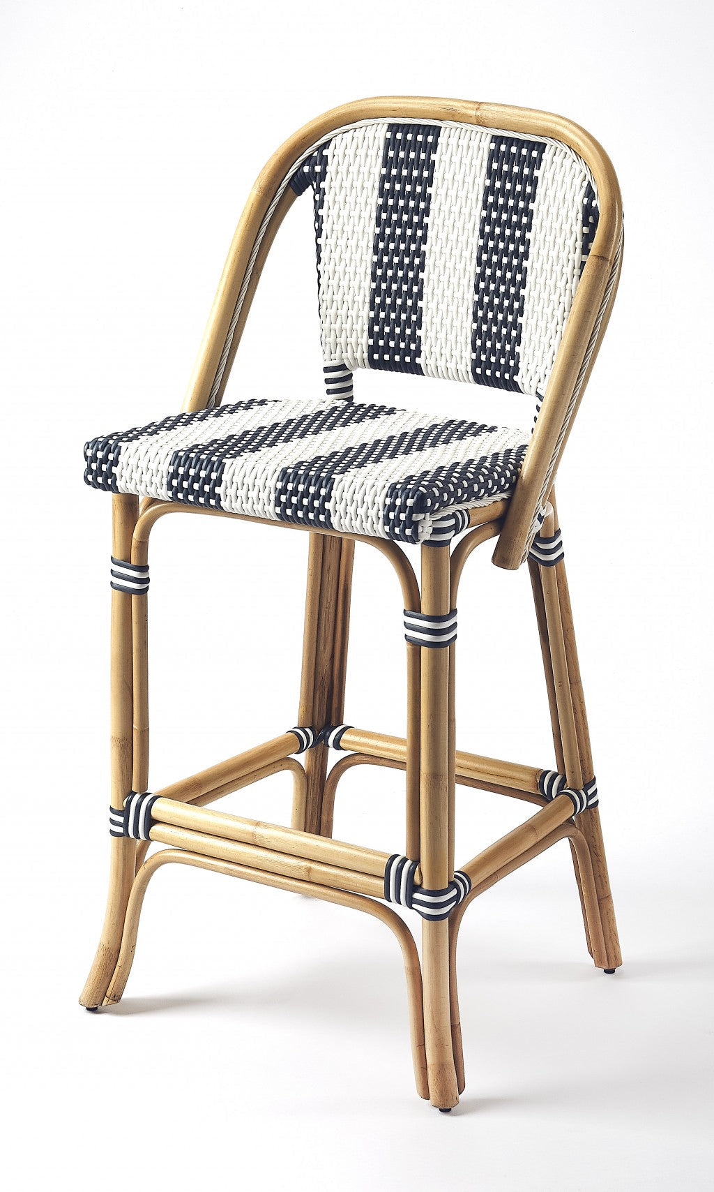 28" Blue and White And Natural Rattan Bar Chair Image 1