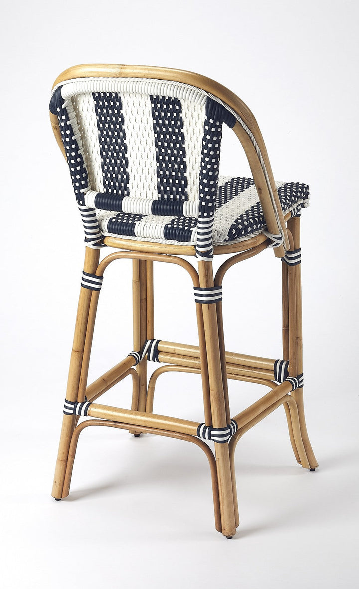 28" Blue and White And Natural Rattan Bar Chair Image 2