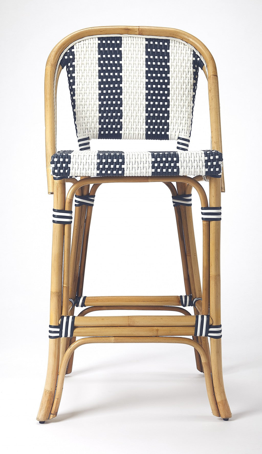 28" Blue and White And Natural Rattan Bar Chair Image 3