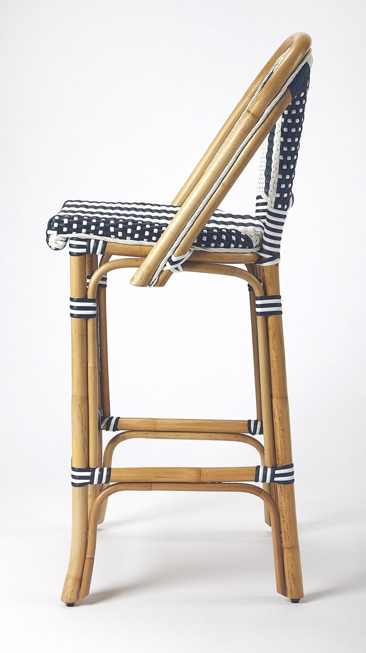 28" Blue and White And Natural Rattan Bar Chair Image 5