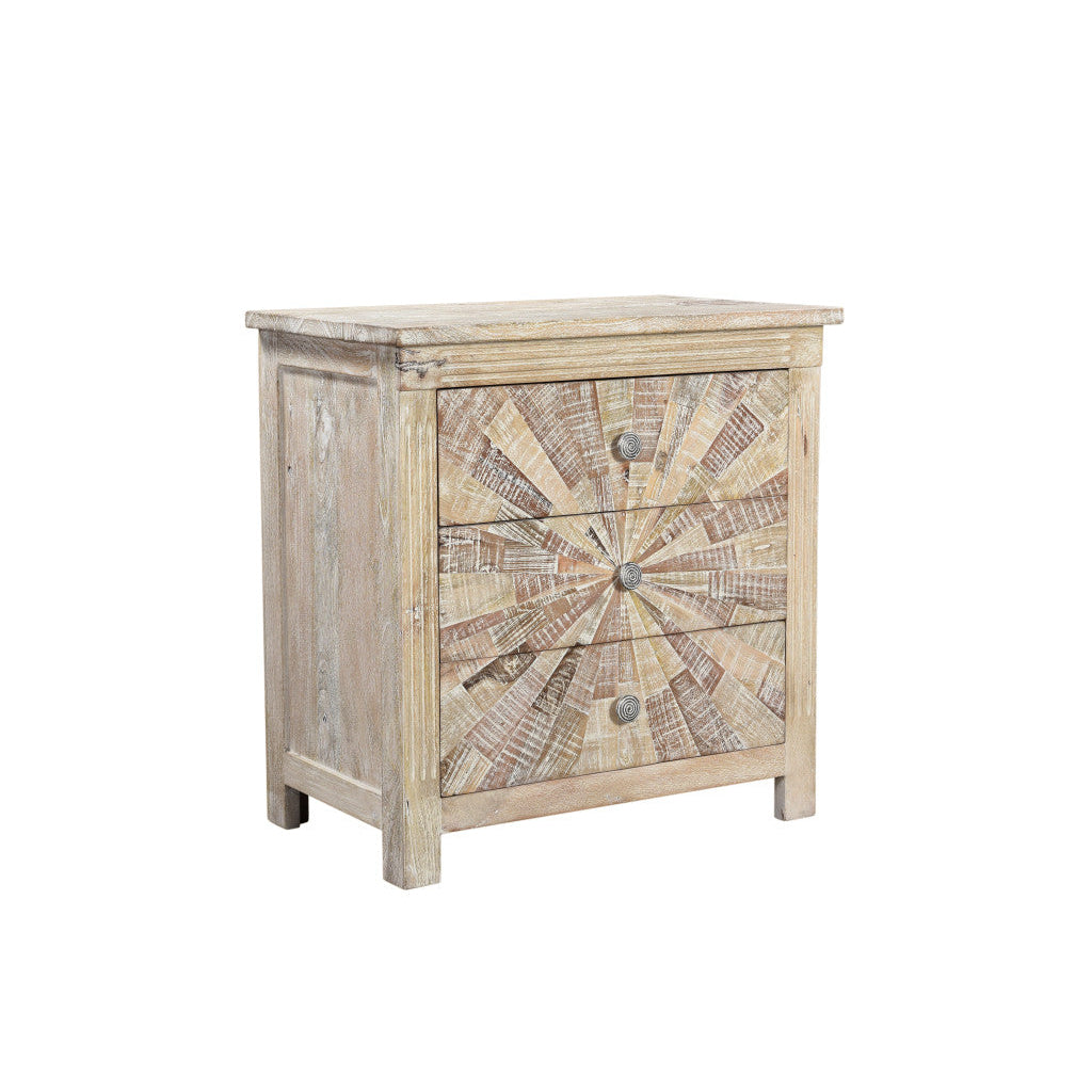 30" Distressed White Three Drawer Starburst Pattern Solid Wood Nightstand Image 1