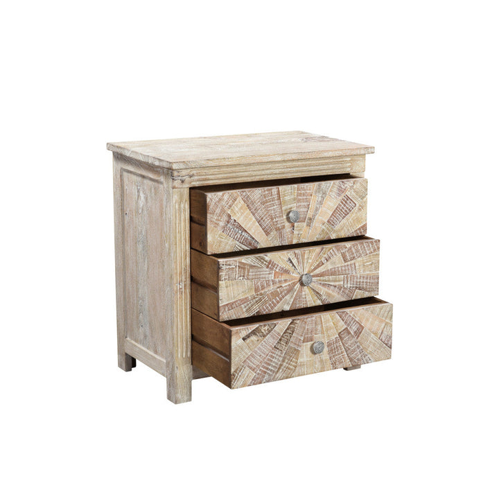 30" Distressed White Three Drawer Starburst Pattern Solid Wood Nightstand Image 3