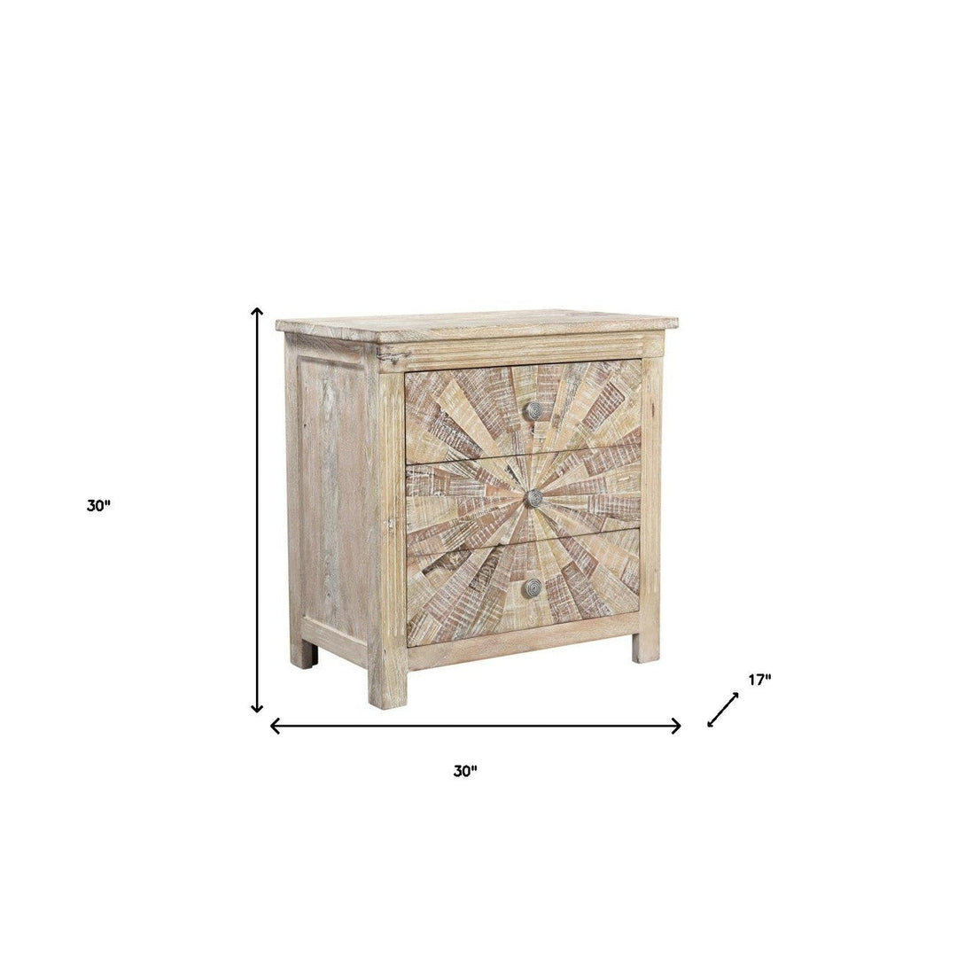 30" Distressed White Three Drawer Starburst Pattern Solid Wood Nightstand Image 5