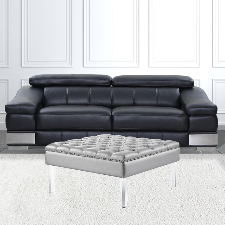 35" Silver Faux Leather And Clear Tufted Cocktail Ottoman Image 3