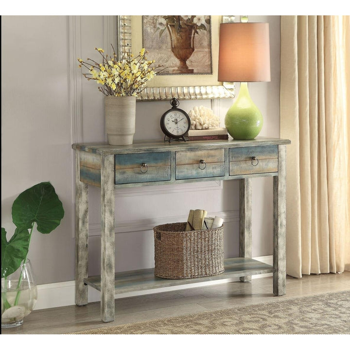 42" X 16" X 32" Antique White And Teal Wooden Console Table Image 3