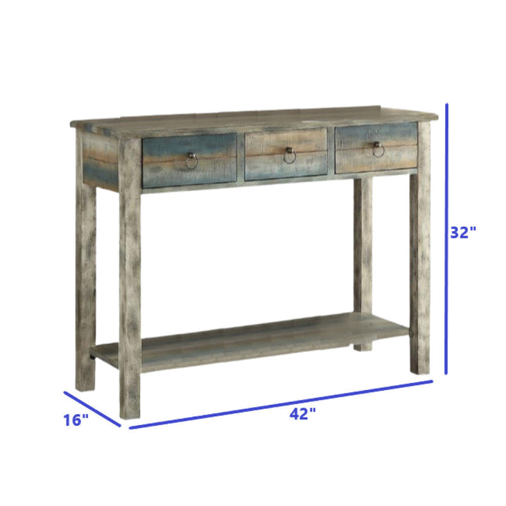 42" X 16" X 32" Antique White And Teal Wooden Console Table Image 4