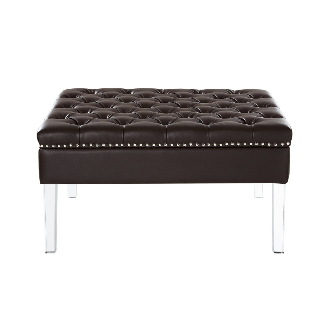 35" Silver Faux Leather And Clear Tufted Cocktail Ottoman Image 6