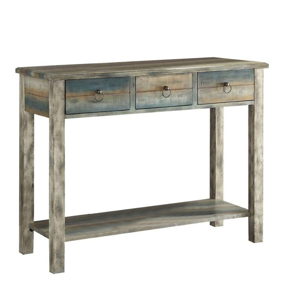 42" X 16" X 32" Antique White And Teal Wooden Console Table Image 1