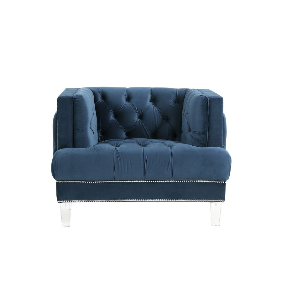 41" Blue Velvet And Black Tufted Arm Chair Image 1