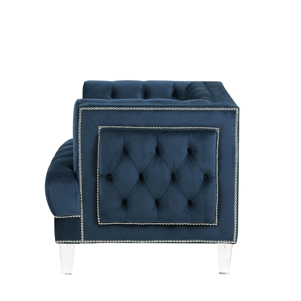 41" Blue Velvet And Black Tufted Arm Chair Image 2