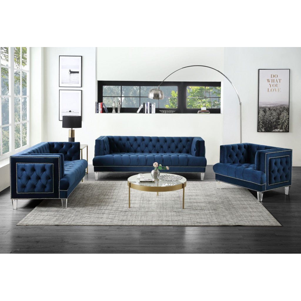 41" Blue Velvet And Black Tufted Arm Chair Image 4