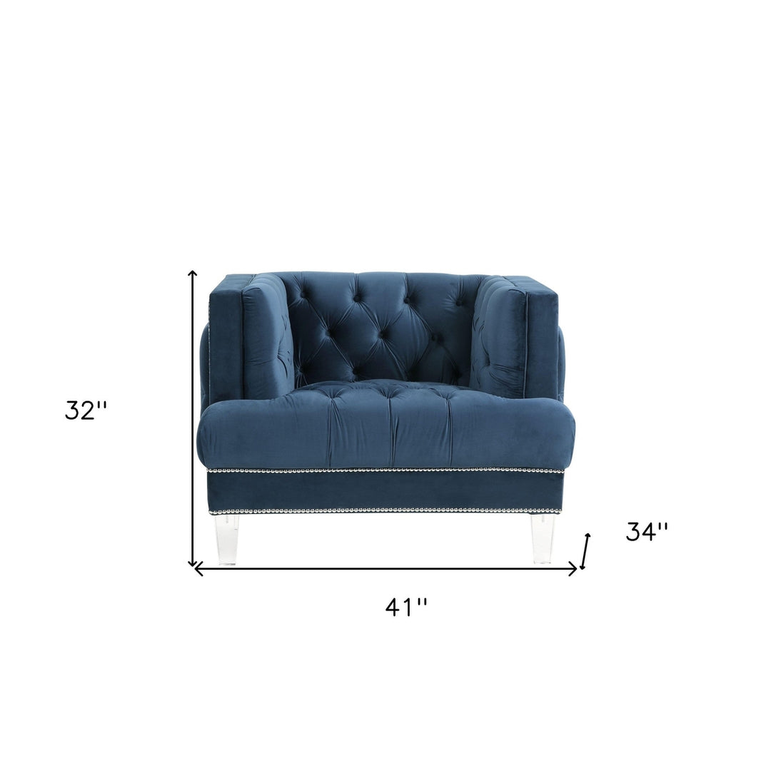 41" Blue Velvet And Black Tufted Arm Chair Image 5