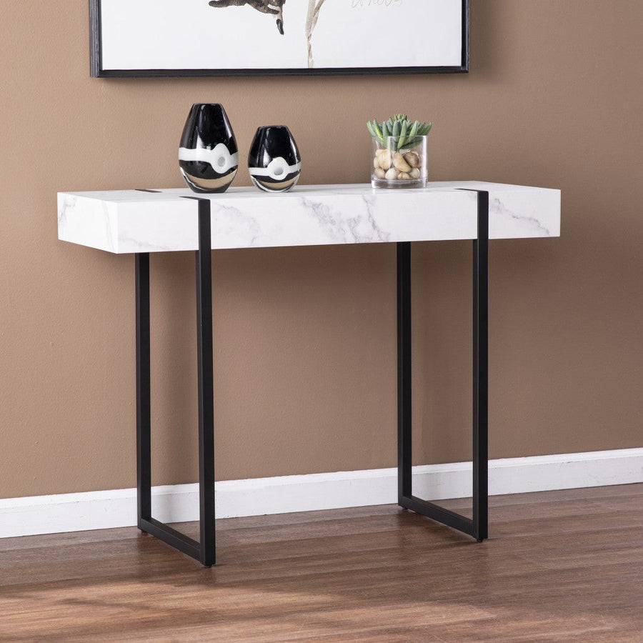 39" White and Black Faux Marble Sled Console Table Image 1