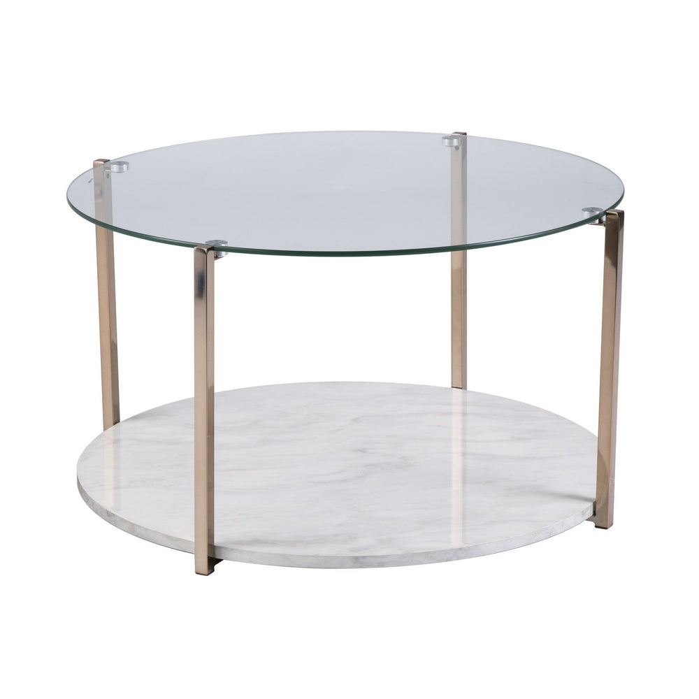 33" Gold Glam Glass And Faux Marble Two Tier Round Coffee Table Image 2