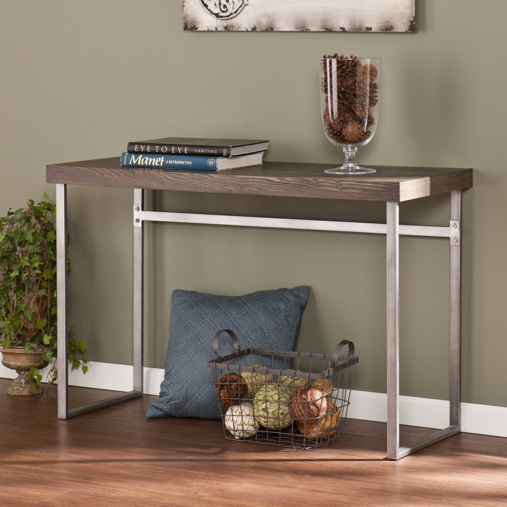 46" Gray Brown and Silver Distressed Sled Console Table Image 1