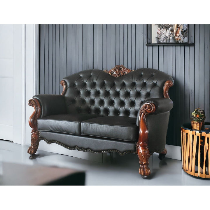 71" Black And Brown Faux Leather Loveseat and Toss Pillows Image 4