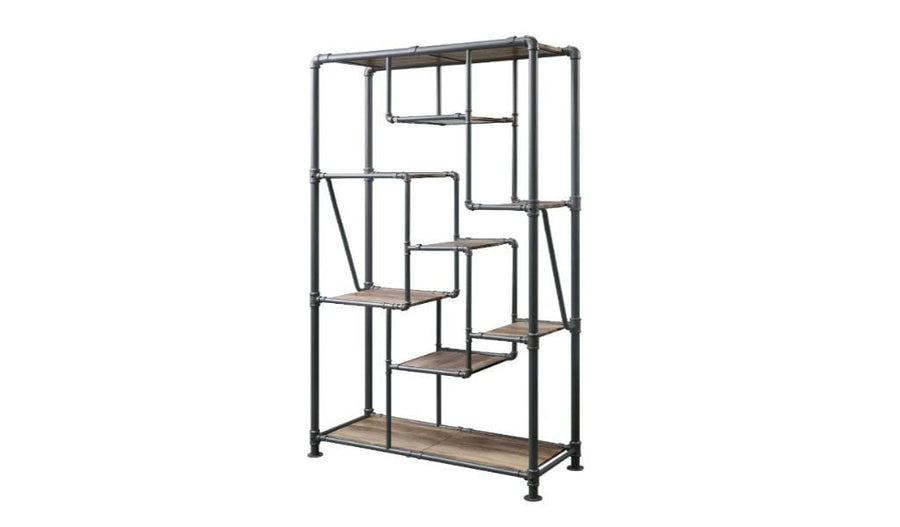 75" Antique Oak And Gray Metal Eight Tier Industrial Bookcase Image 1