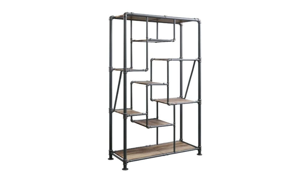 75" Antique Oak And Gray Metal Eight Tier Industrial Bookcase Image 3