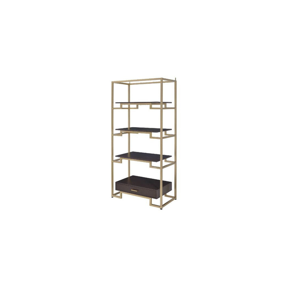 78" Gold and Black Metal Four Tier Etagere Bookcase with a Drawer Image 1