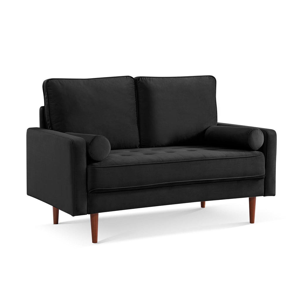 57" Black And Dark Brown Velvet Loveseat and Toss Pillows Image 2