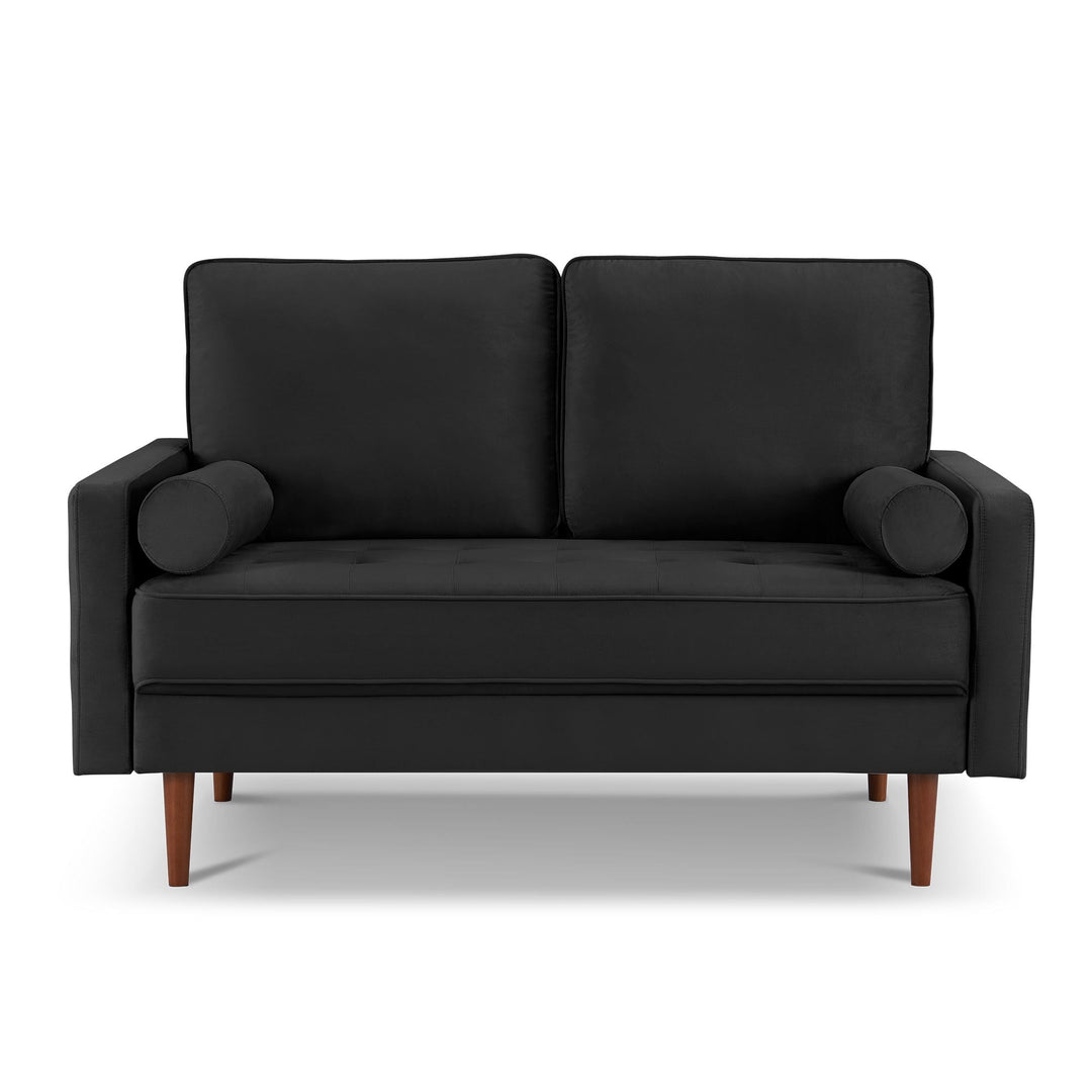 57" Black And Dark Brown Velvet Loveseat and Toss Pillows Image 3