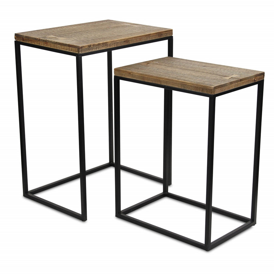 Set Of Two 24" Black And Brown Solid Wood And Steel Rectangular Nested Tables Image 1