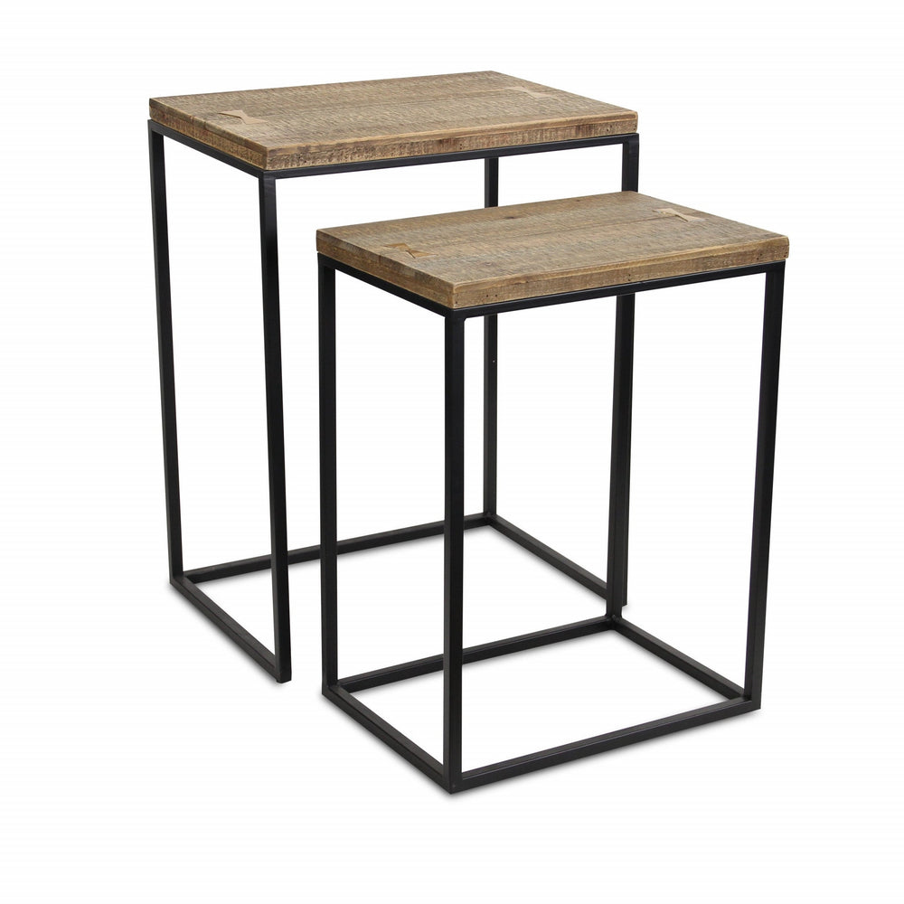 Set Of Two 24" Black And Brown Solid Wood And Steel Rectangular Nested Tables Image 2