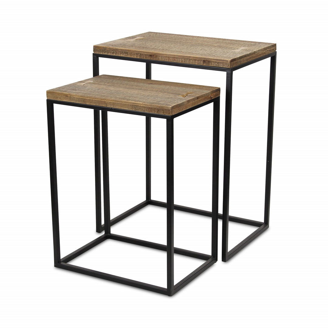 Set Of Two 24" Black And Brown Solid Wood And Steel Rectangular Nested Tables Image 3