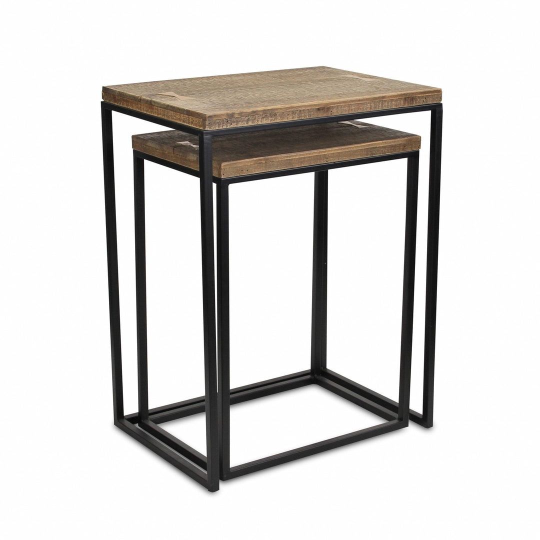 Set Of Two 24" Black And Brown Solid Wood And Steel Rectangular Nested Tables Image 5