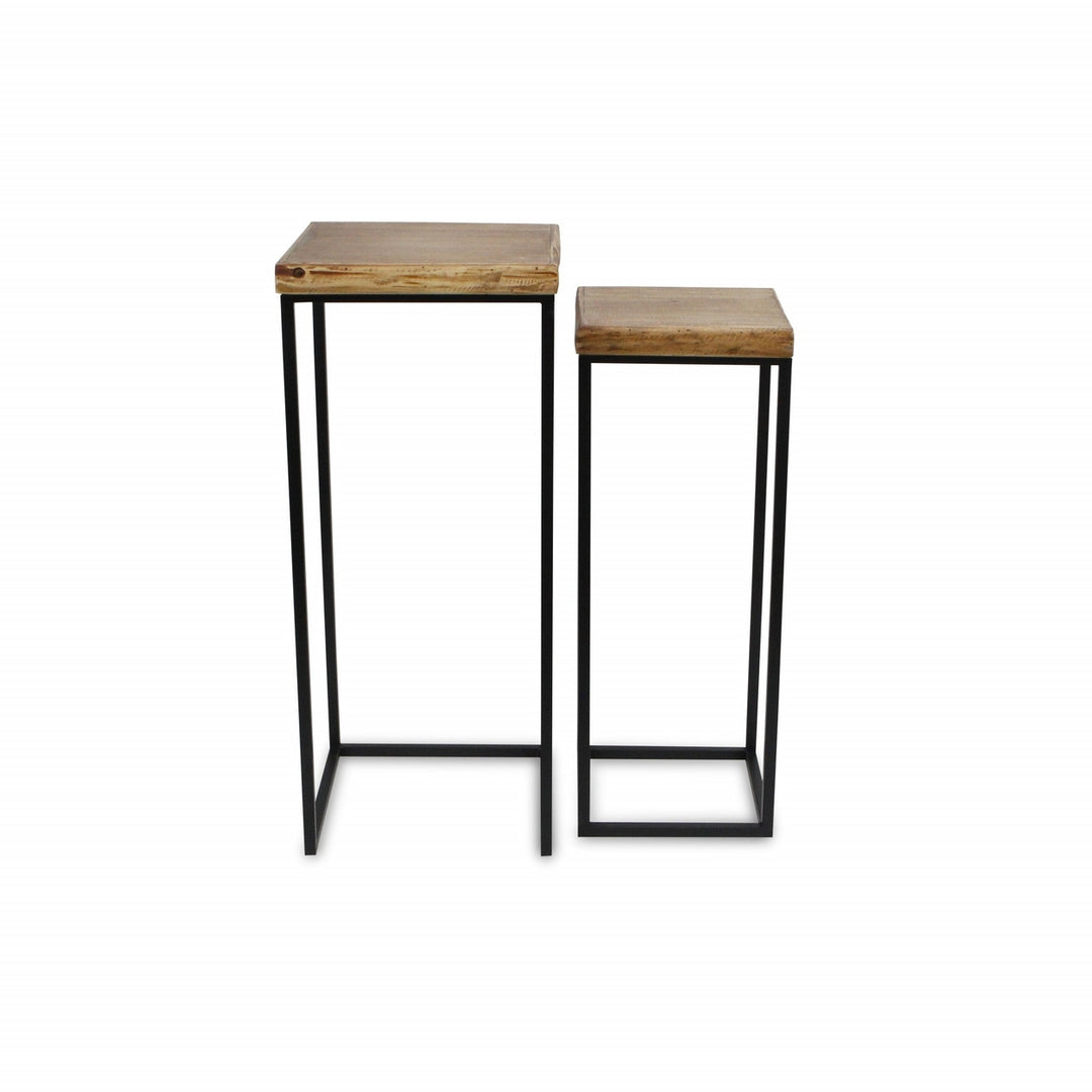 Set Of Two 29" Black And Brown Solid Wood And Steel Square Nested Tables Image 3