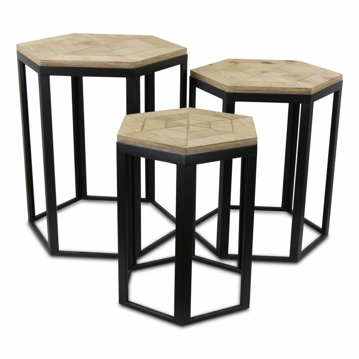 Set Of Three 25" Black And Brown Solid Wood And Steel Hexagon Nested Tables Image 1