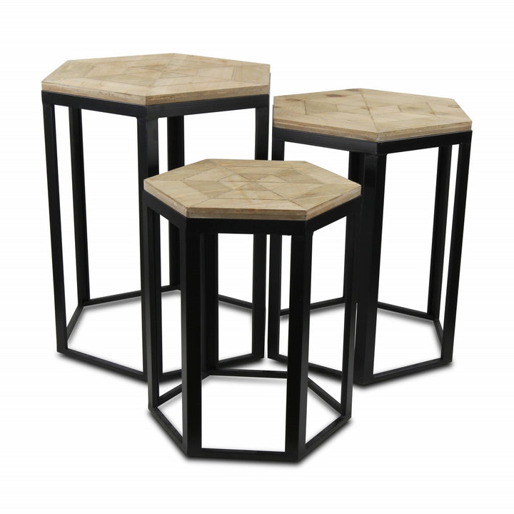 Set Of Three 25" Black And Brown Solid Wood And Steel Hexagon Nested Tables Image 2