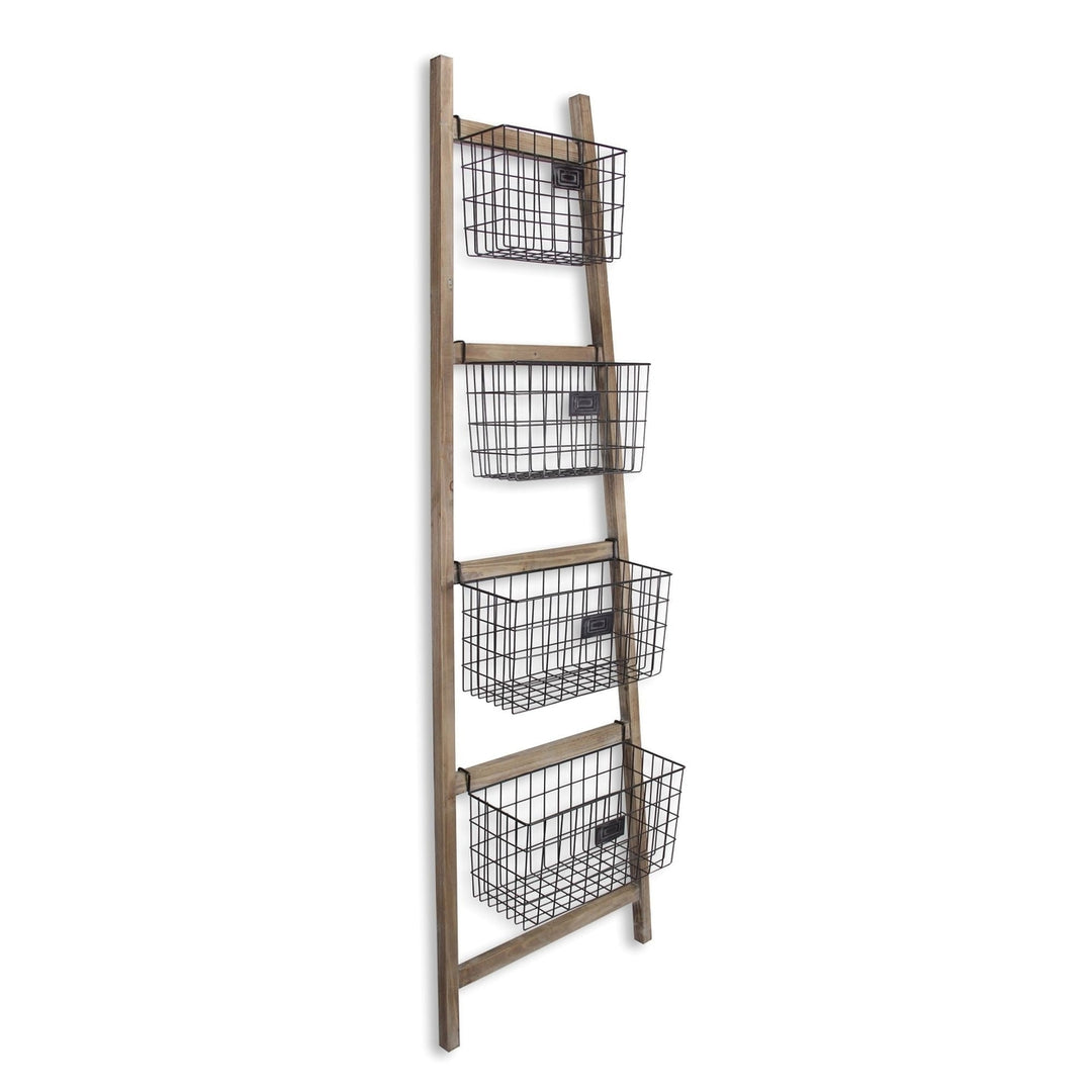 Wooden Ladder Storage Piece with 4 Baskets Image 1