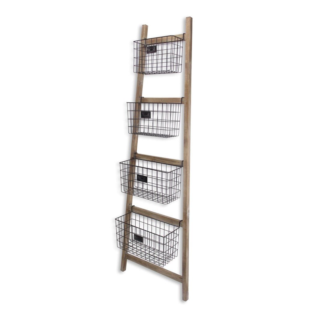 Wooden Ladder Storage Piece with 4 Baskets Image 2