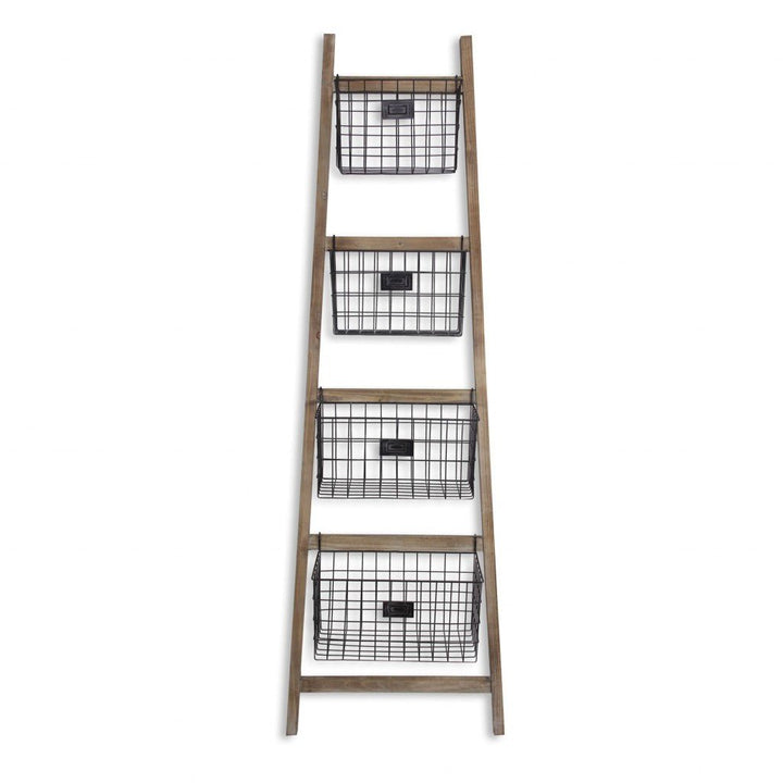 Wooden Ladder Storage Piece with 4 Baskets Image 3