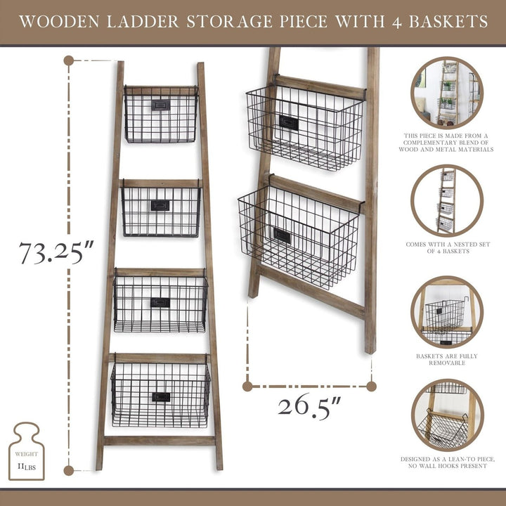 Wooden Ladder Storage Piece with 4 Baskets Image 6