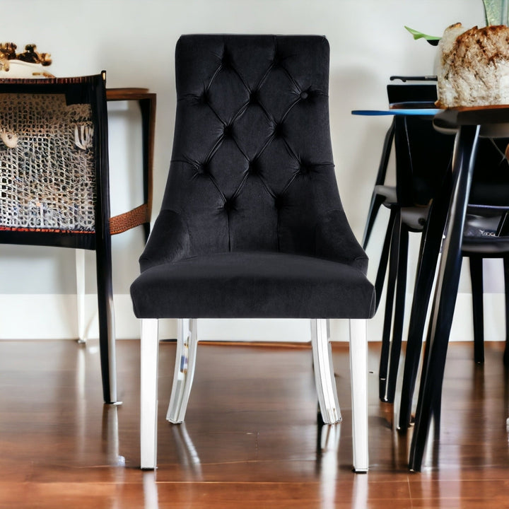 Set of Two Tufted Black and Clear Upholstered Velvet Dining Side Chairs Image 10