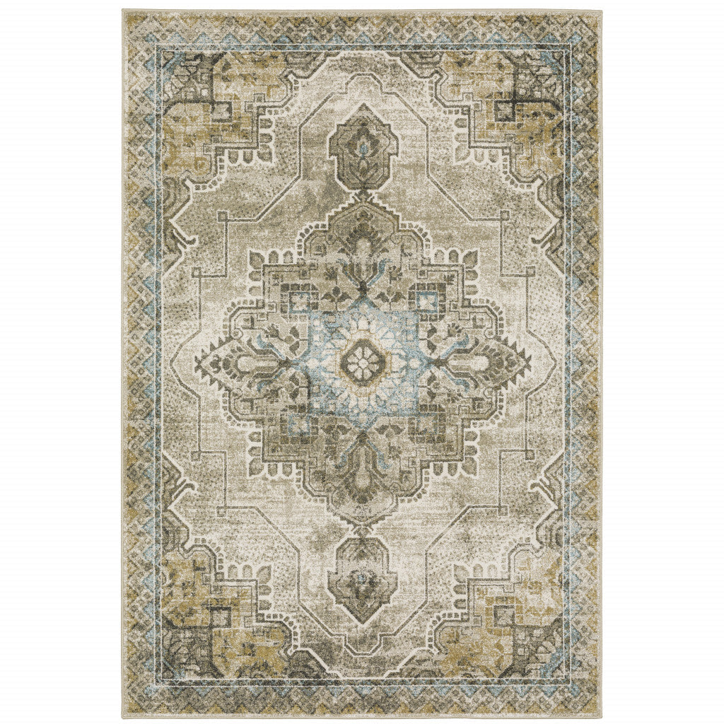 10 X 13 Grey Blue Beige And Gold Oriental Power Loom Stain Resistant Area Rug Image 1