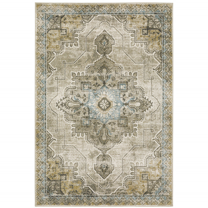 10 X 13 Grey Blue Beige And Gold Oriental Power Loom Stain Resistant Area Rug Image 1