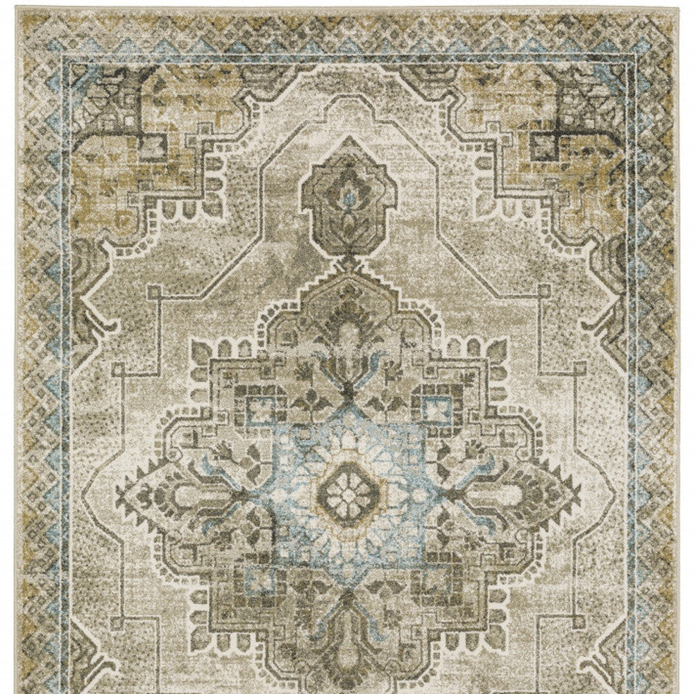 10 X 13 Grey Blue Beige And Gold Oriental Power Loom Stain Resistant Area Rug Image 5