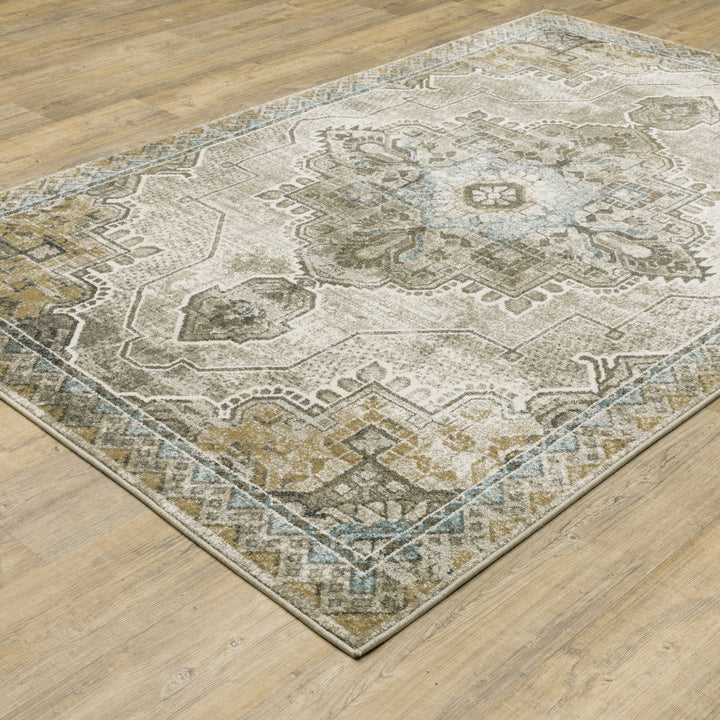 10 X 13 Grey Blue Beige And Gold Oriental Power Loom Stain Resistant Area Rug Image 7