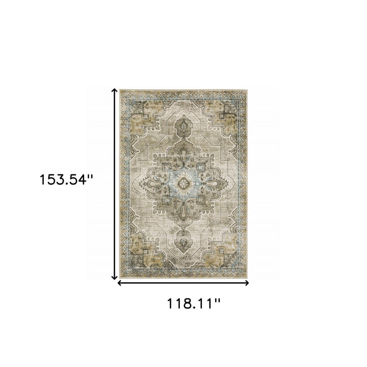 10 X 13 Grey Blue Beige And Gold Oriental Power Loom Stain Resistant Area Rug Image 11