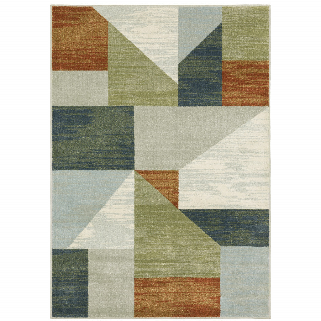 10 X 13 Grey Teal Blue Rust Green And Ivory Geometric Power Loom Stain Resistant Area Rug Image 1